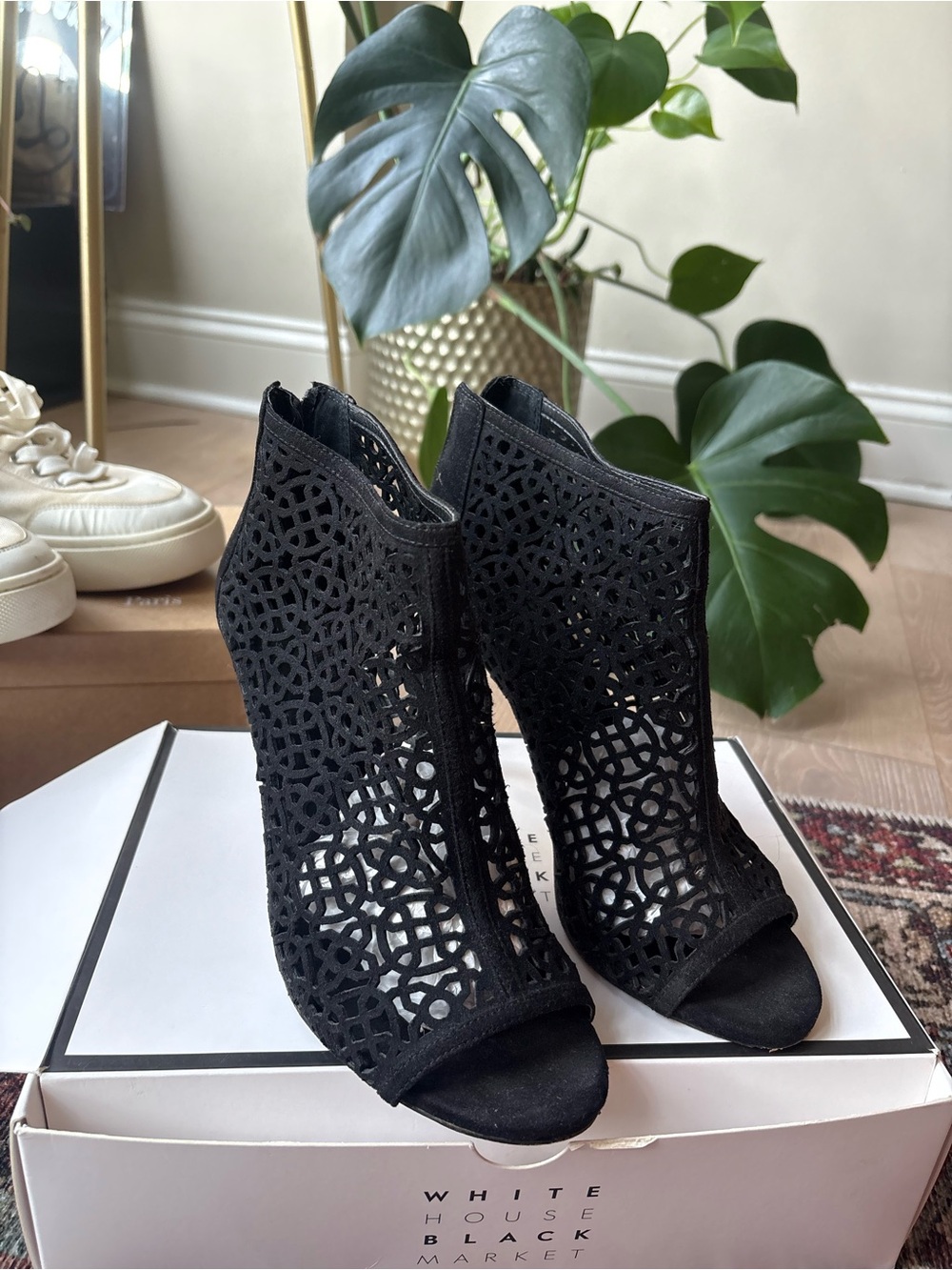White House Black Market Black Laser-Cut Peep-Toe Heels